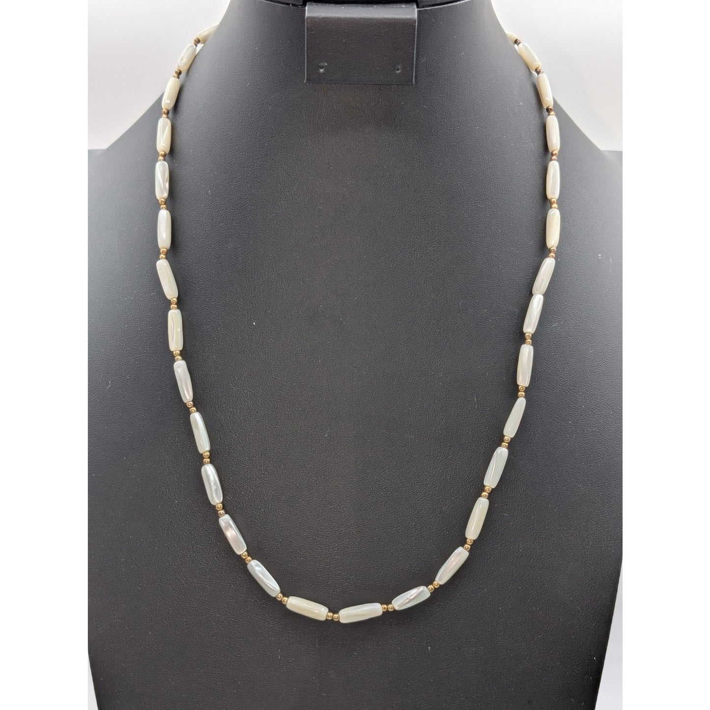 Vintage Elongated MOP & Gold Tone Bead 25" Necklace W/ Hook Slide in Clasp