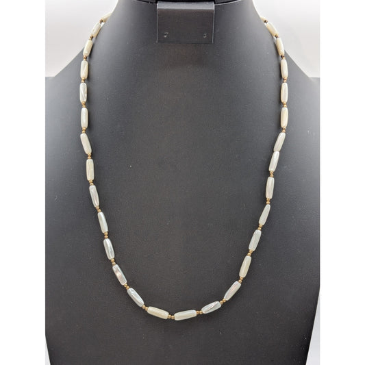 Vintage Elongated MOP & Gold Tone Bead 25" Necklace W/ Hook Slide in Clasp