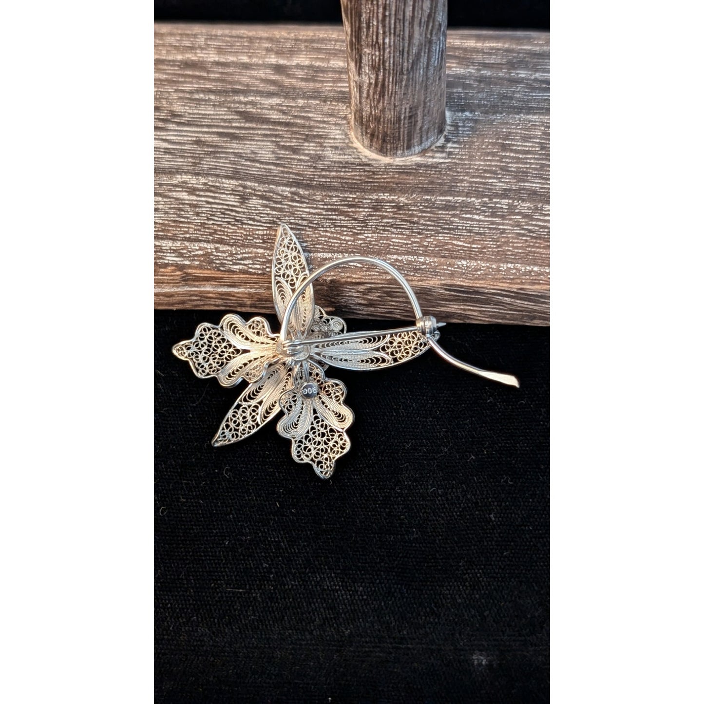 Vintage 900 Silver Italian Filigree Tourmaline Center Orchid Brooch/Pin