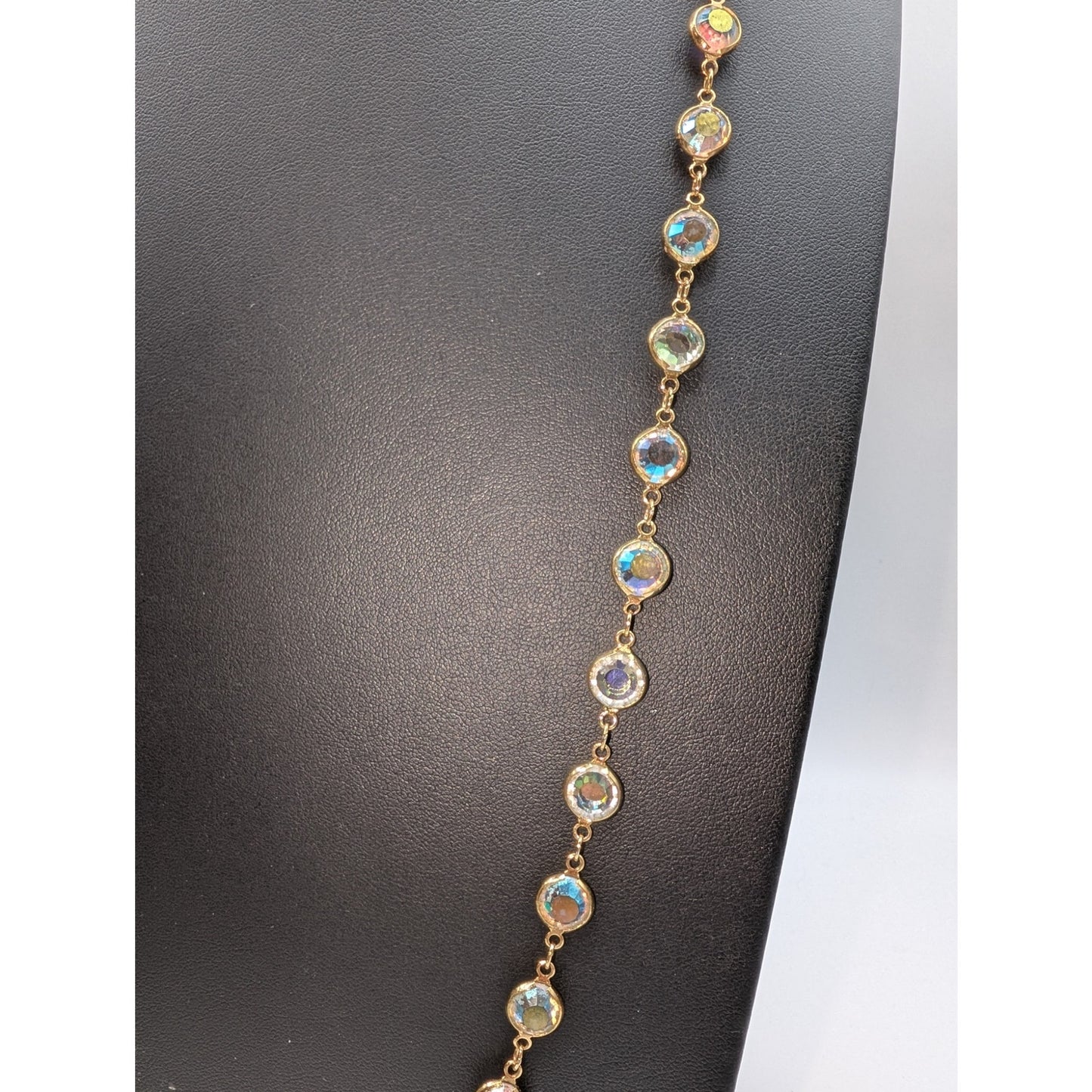 Vintage Swarovski Gold Tone Bezel Set AB Crystal Chain 34" Necklace