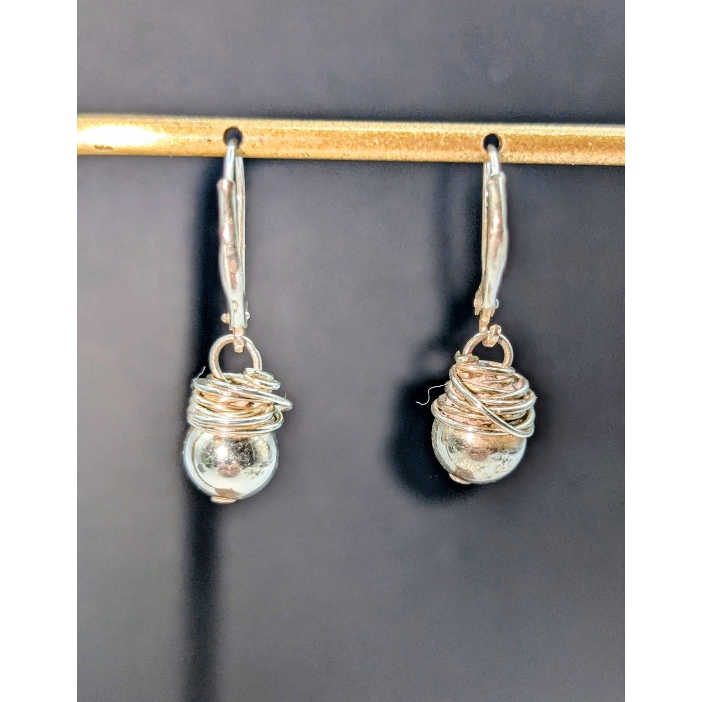 925 Sterling Silver Wire Wrapped Ball Lever Back Dangle Earrings
