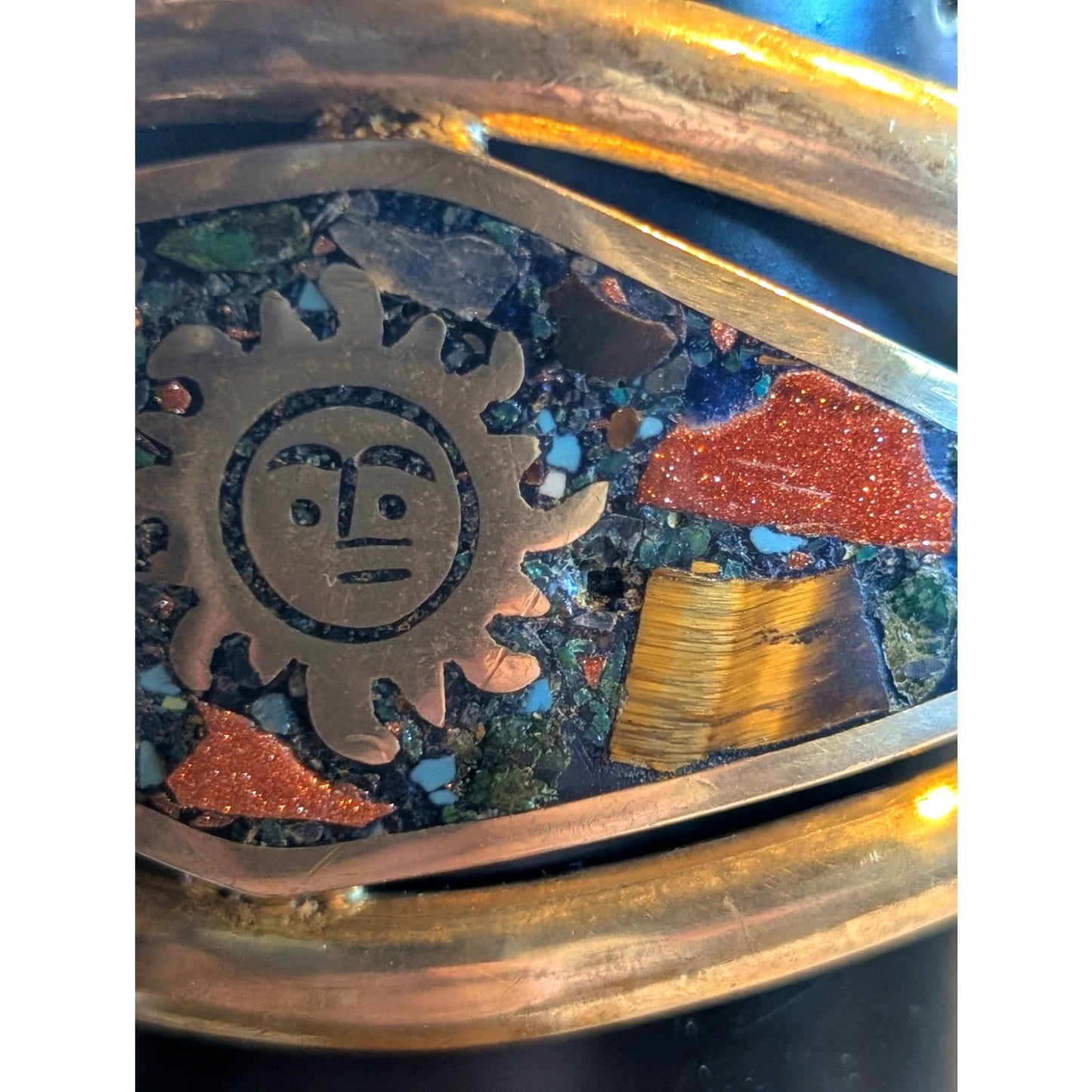 Vintage Mexico Brass Turquoise Tiger Eye Goldstone Inlay Sun Cuff Bracelet