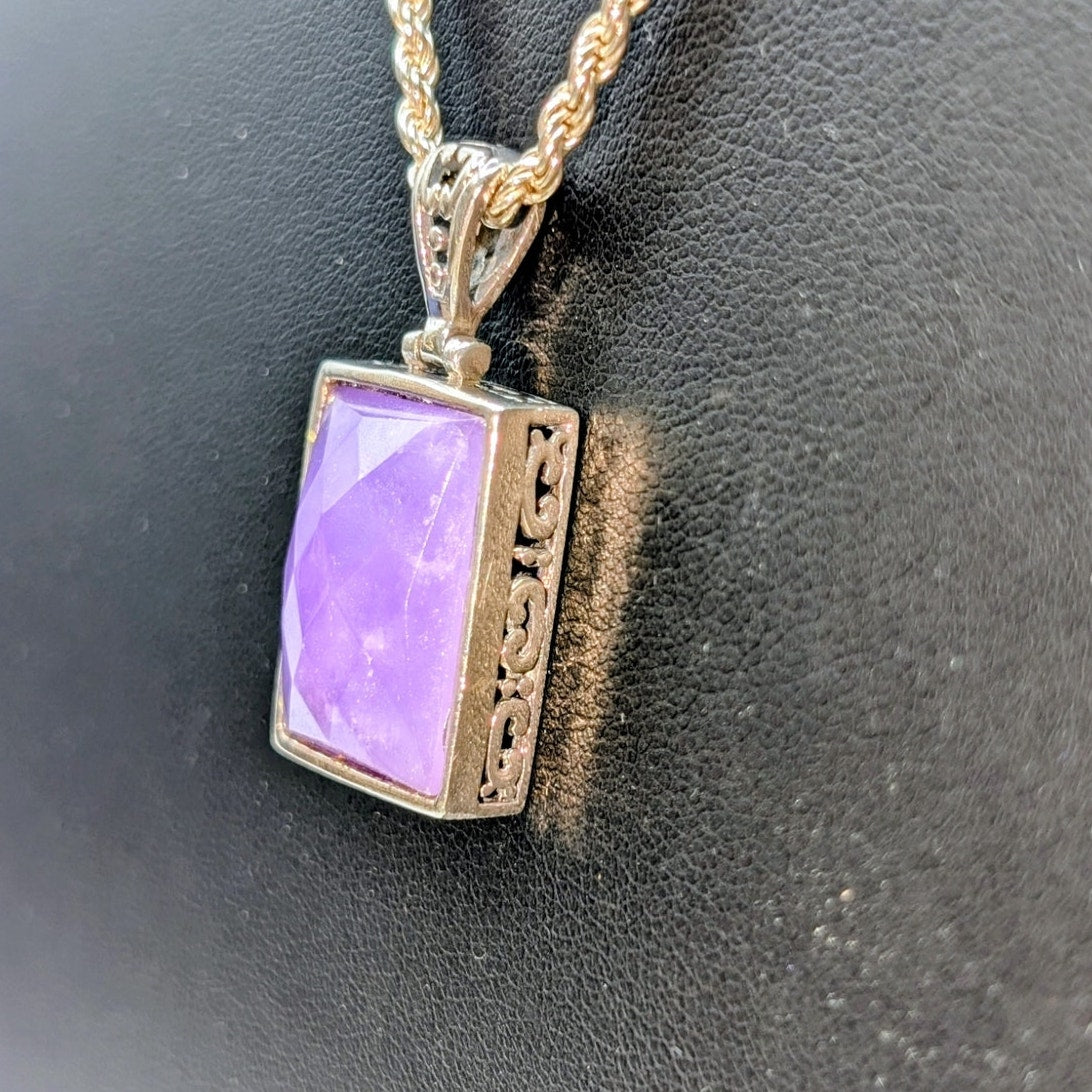 Vtg 925 Sterling Silver Purple Lavender Faceted Stone Pendant 24" Chain Necklace