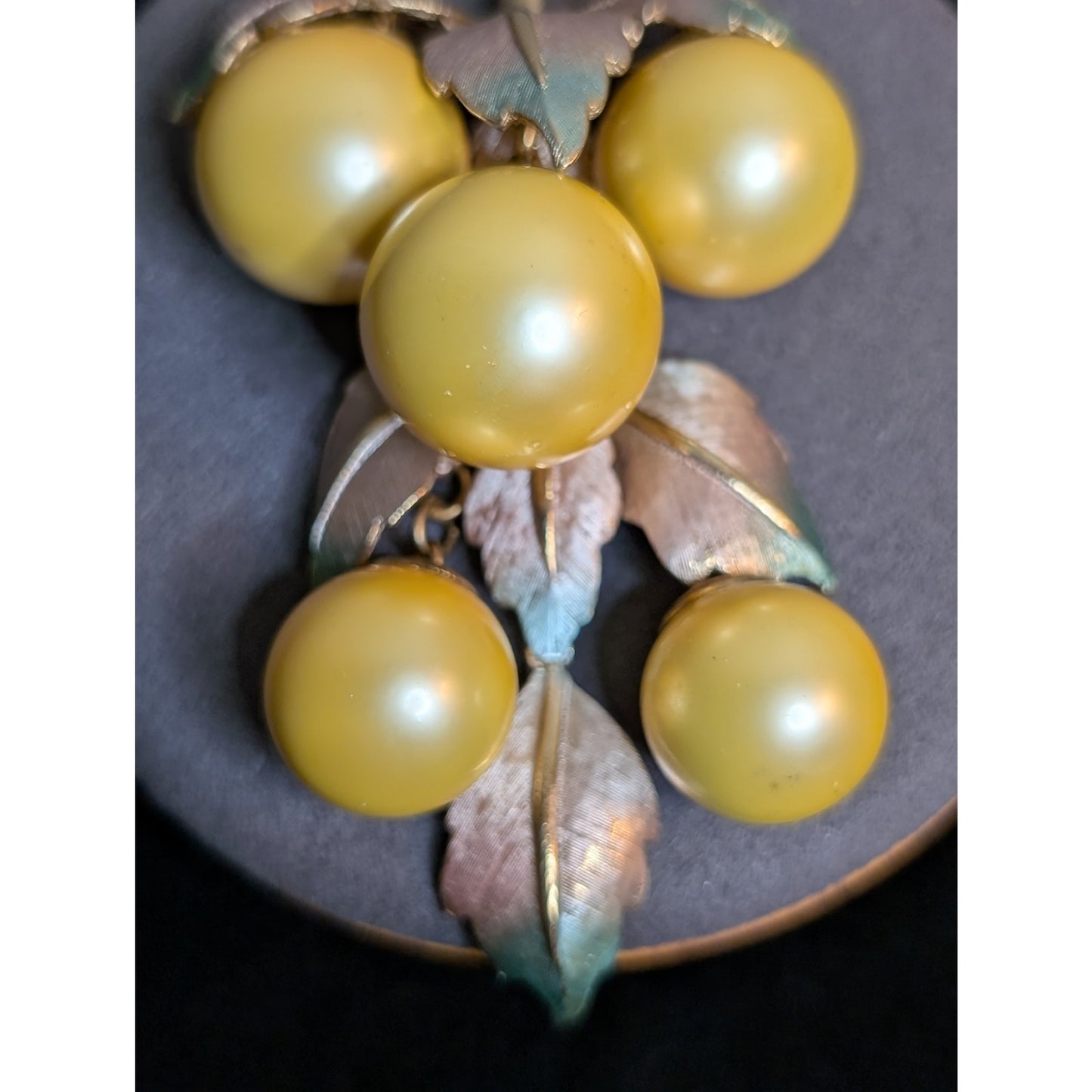 Vintage Rare LISA SCHALLERT Golden Faux Pearl Nouveau Articulated Grapes Brooch