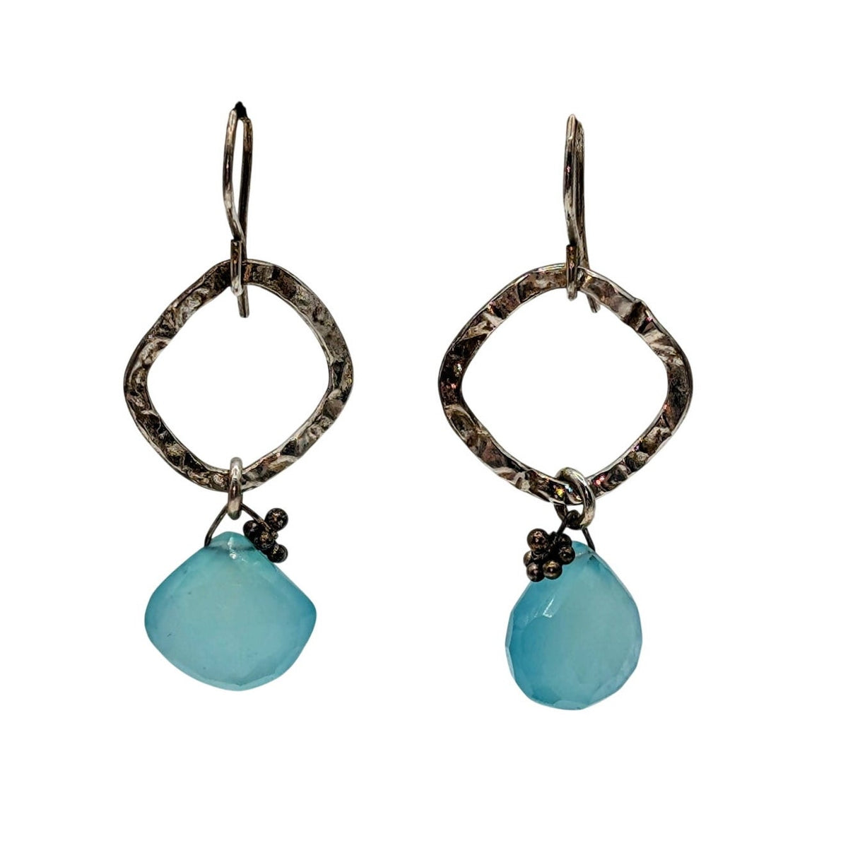 925 Sterling Silver Hammered Square Aqua Blue Faceted Glass Dangle Earrings