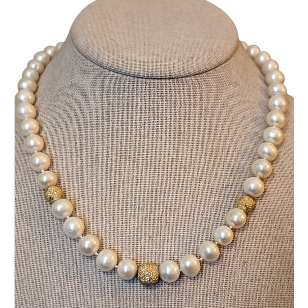 VTG PJS 14K Clasp Genuine 9mm Pearl Three Gold Lava Stone Bead 18" Necklace