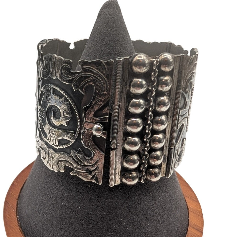 Vtg 30s-40s Los Ballesteros Taxco Sterling Silver Mexican Hinged Panel Bracelet