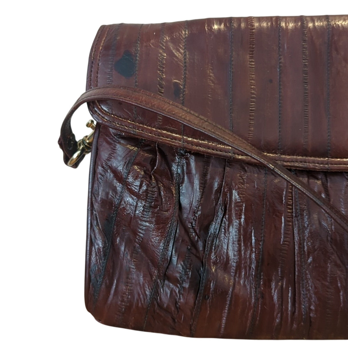Vintage Leather of the Sea Brown Eel Skin Flap Closure Crossbody Handbag