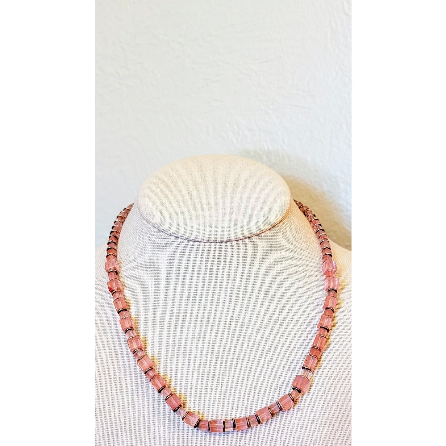 Vintage Pink Square Glass Bead Sterling Silver 17" Necklace