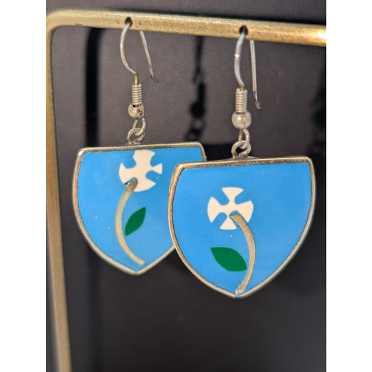 Vintage Alpaca Mexico Blue Floral Enamel Shield Dangle Earrings