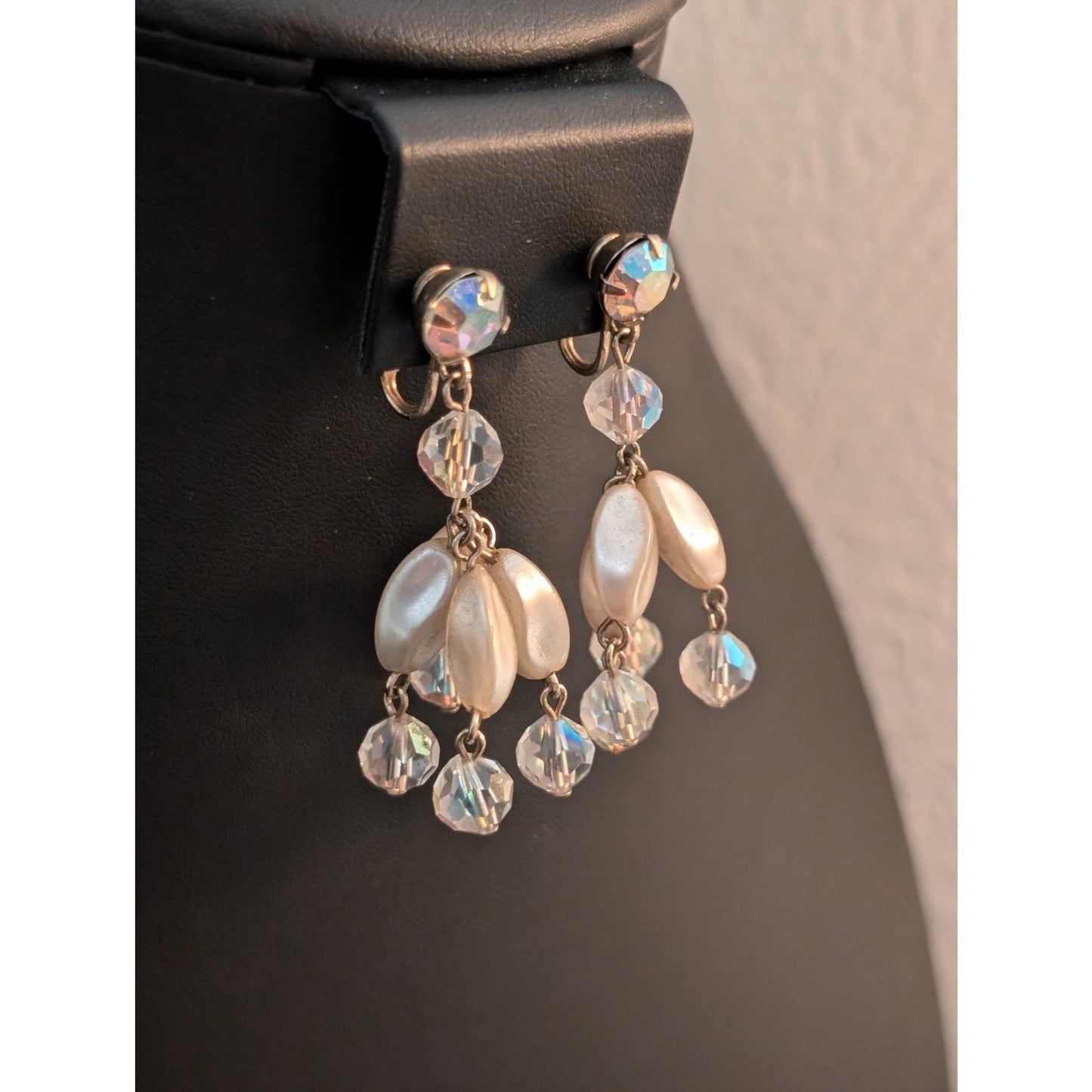Vintage Aurora Borealis Crystal Faux Pearl Chandelier Dangle Clip On Earrings