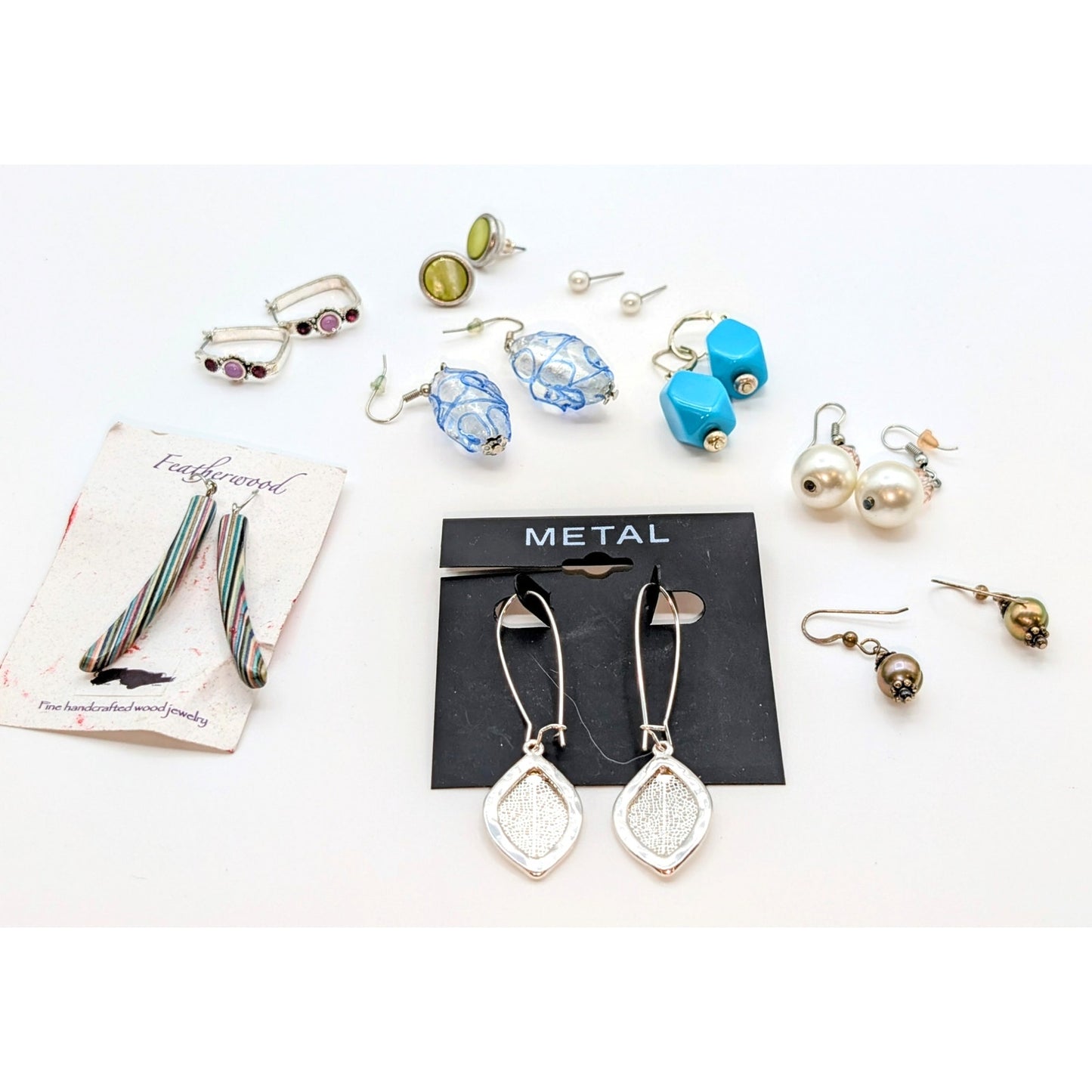Lot of Nine Pair of Silver Tone Dangle, Post, Hoop Earrings