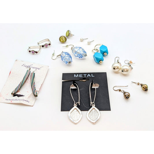 Lot of Nine Pair of Silver Tone Dangle, Post, Hoop Earrings