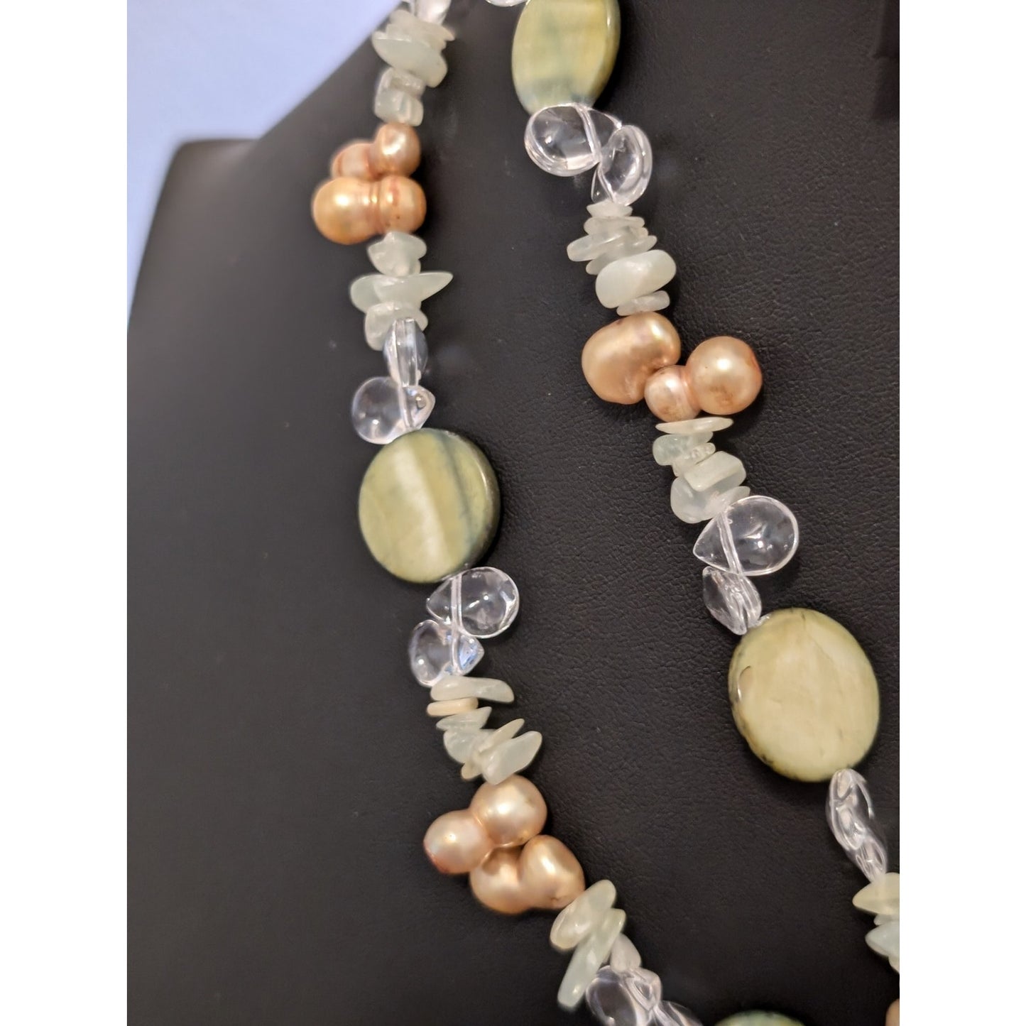 58" Long Green Coin Shell Stone Chip Gold Pearl Glass Teardrop Lariat Necklace