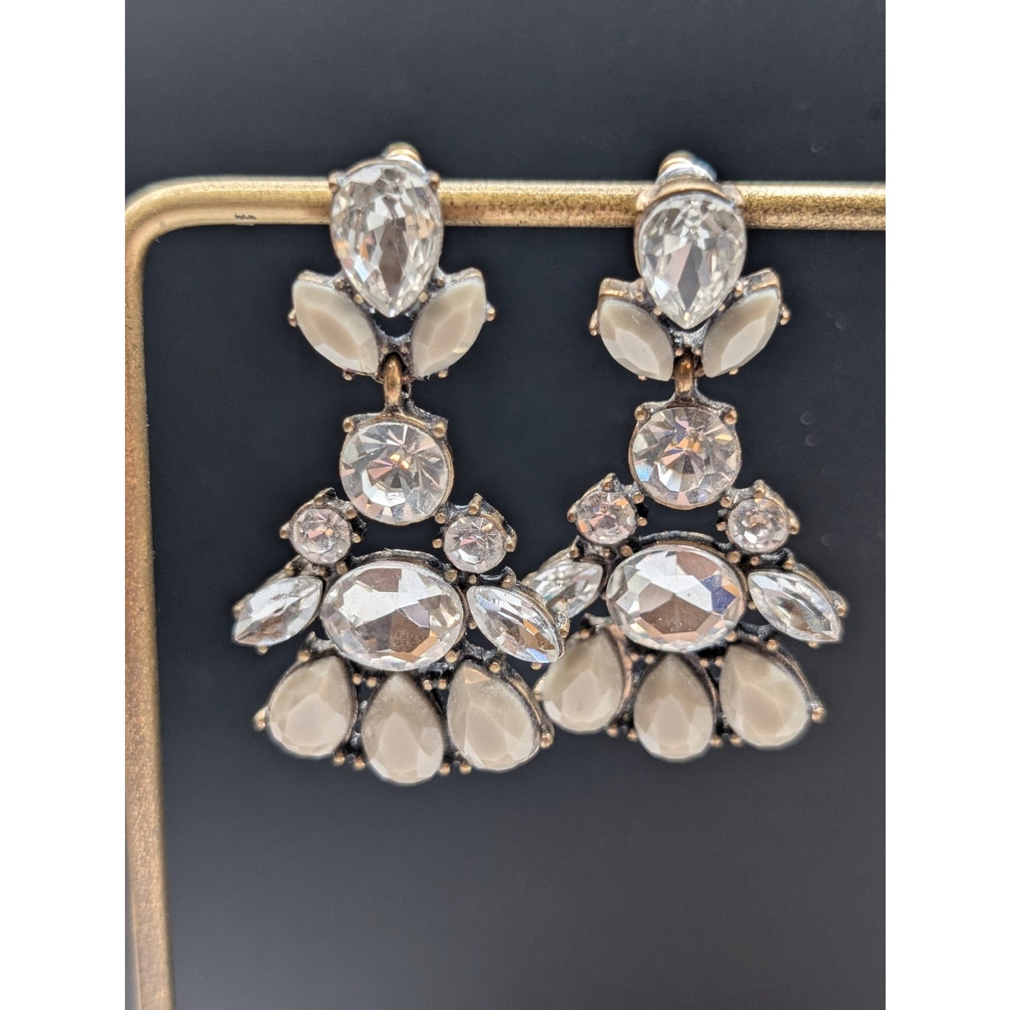 Rhinestone & Gray Green Bead Antiqued Statement Dangle Earrings
