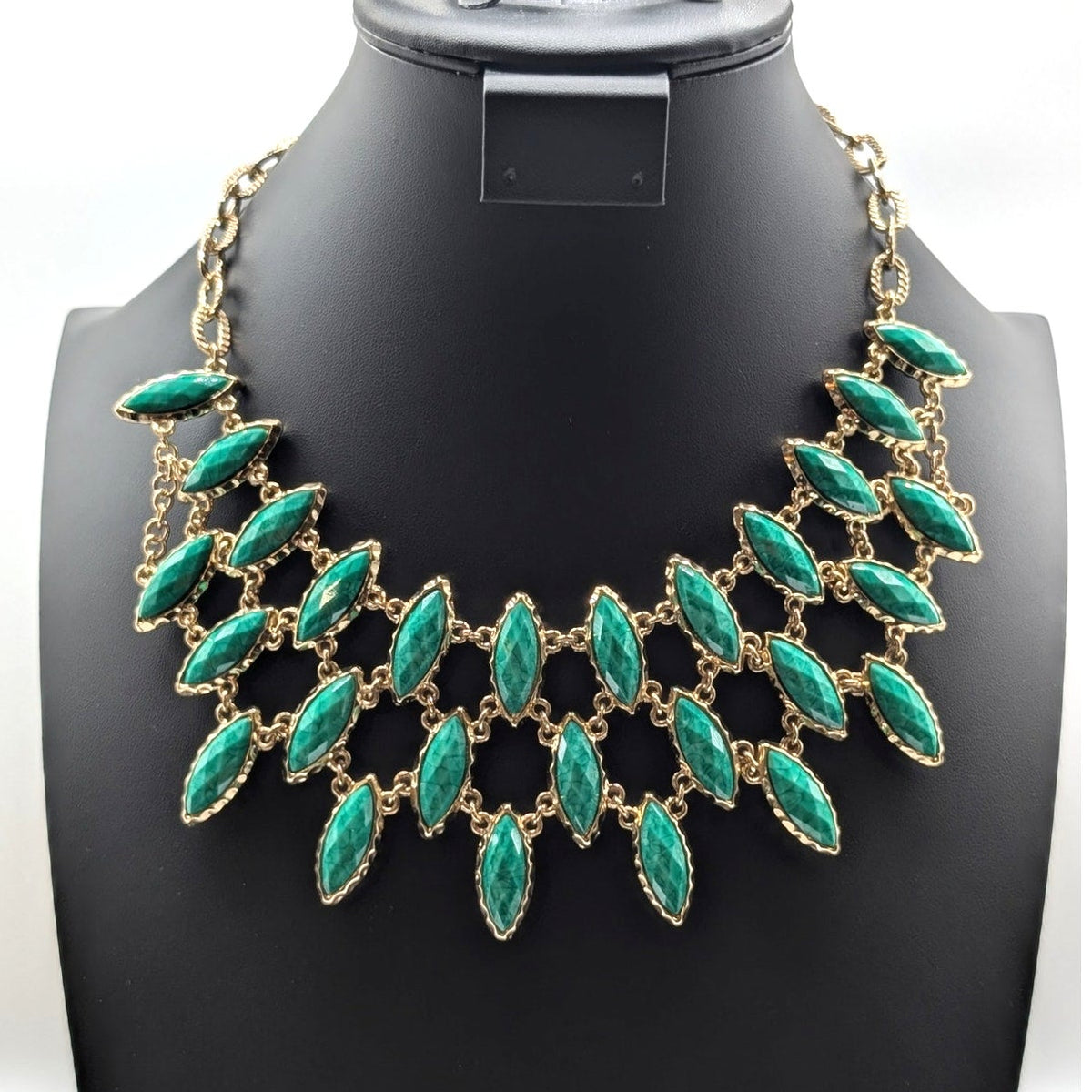 Signed Amrita Singh Marquis Green Navy Gold Tone Cleopatra Reversible Necklace