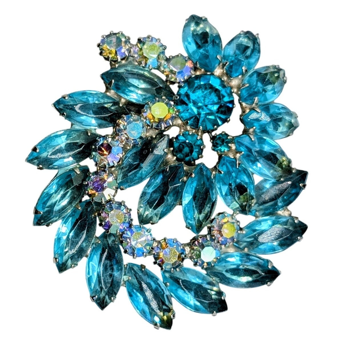 Vintage Signed Weiss Blue & AB Rhinestone Large Brooch