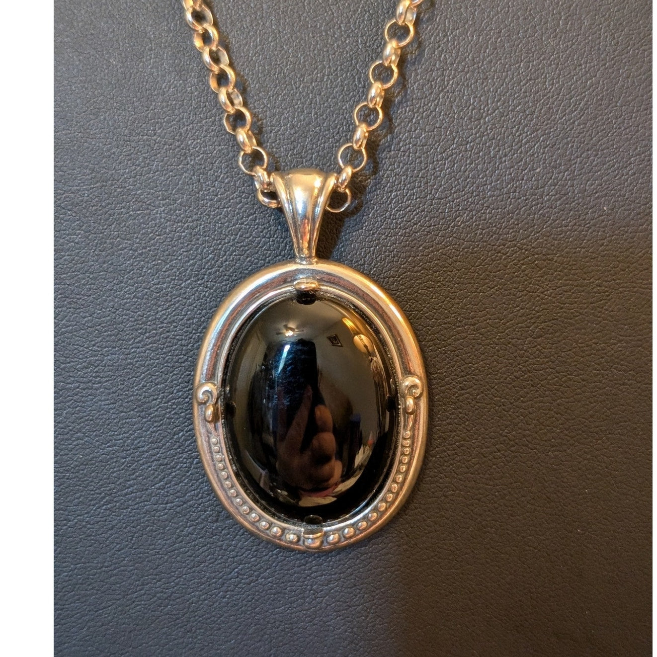 Large Black Stone 925 Sterling Silver Pendant 30" 925 Rolo Chain Necklace