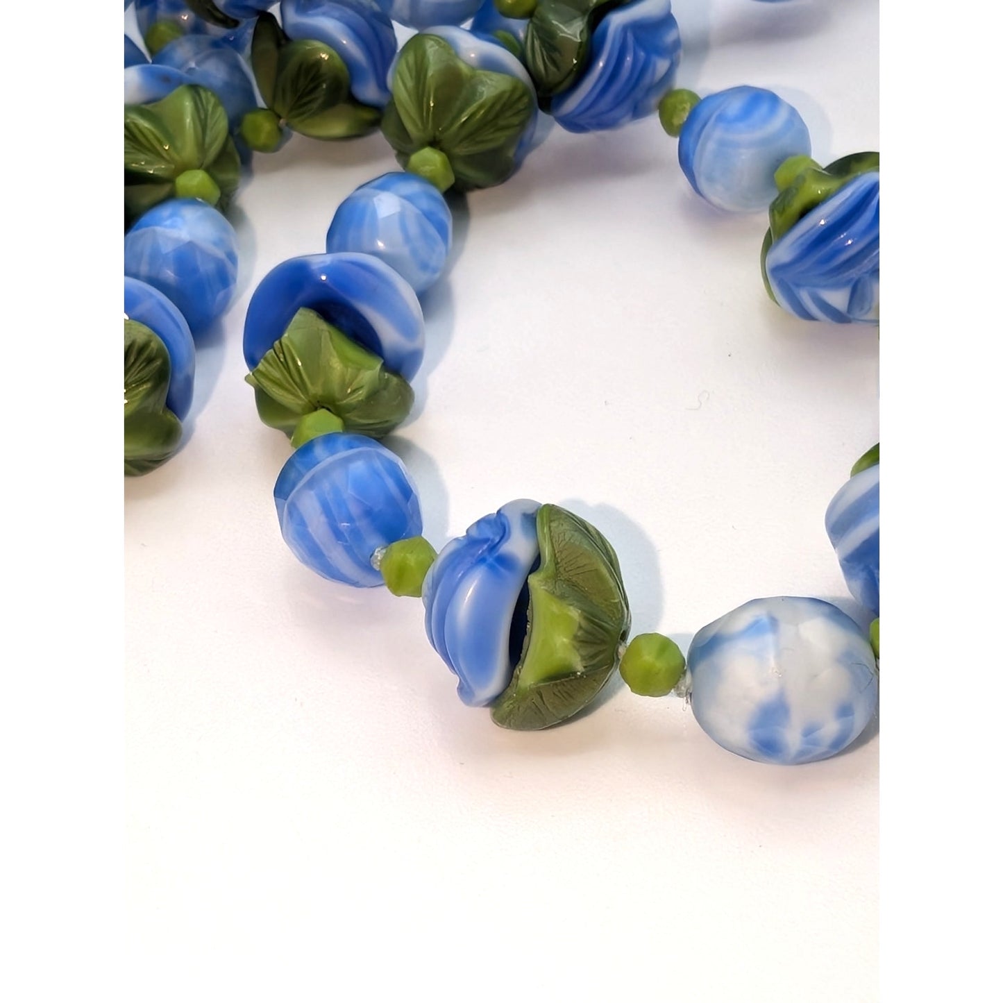 Vintage Art Deco Blue Green Slag Glass Flower Bead Long 50" Necklace