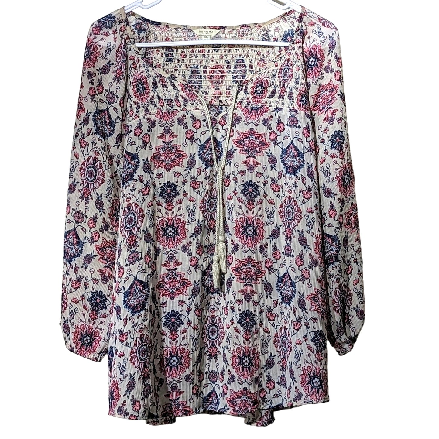 Sonoma Smock Tie Front 3/4 Elastic Sleeve Navy Pink Cream Floral Top Women Sz XL