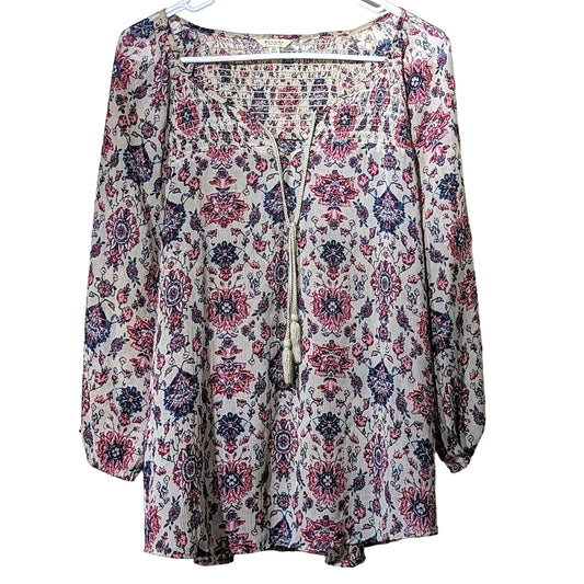 Sonoma Smock Tie Front 3/4 Elastic Sleeve Navy Pink Cream Floral Top Women Sz XL