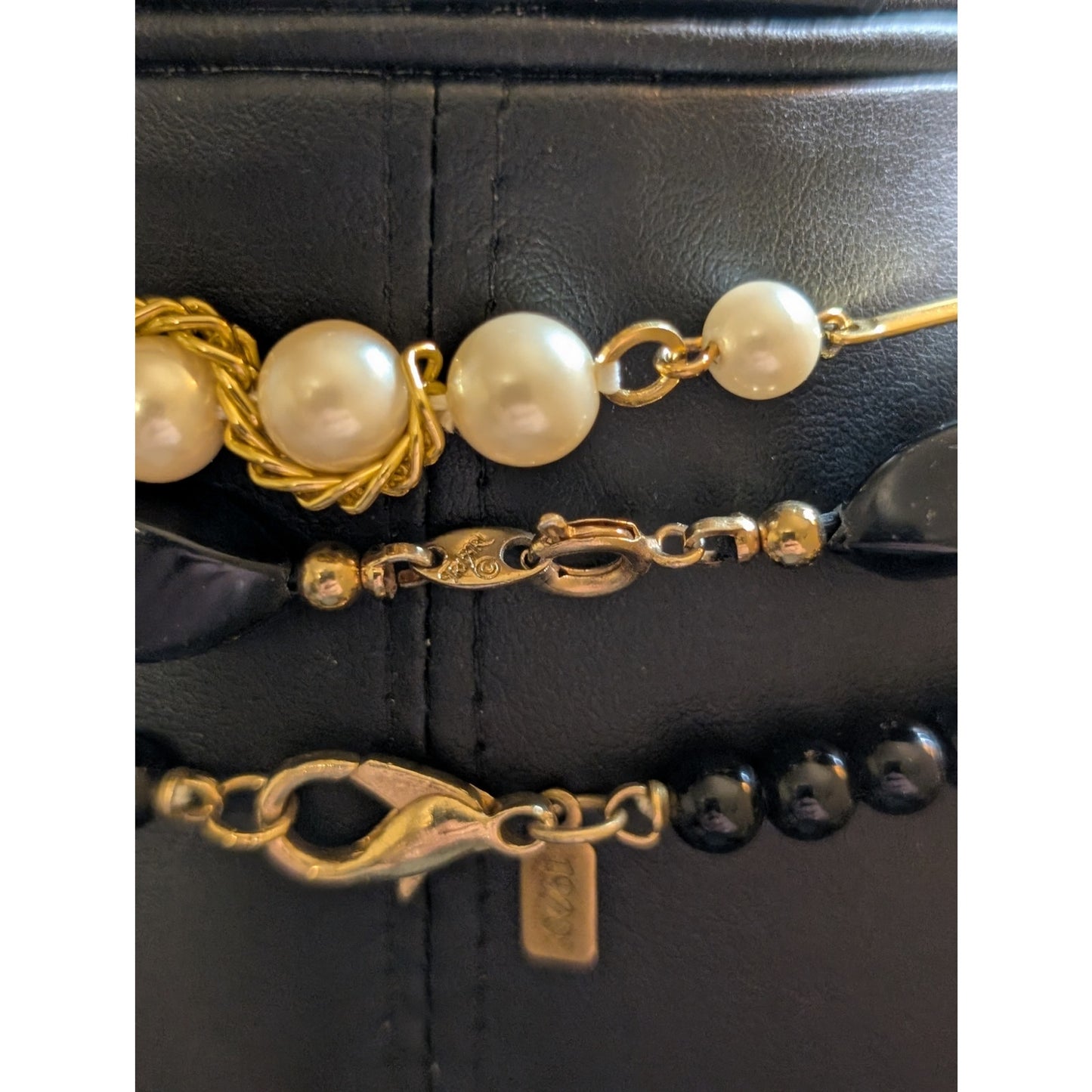Lot of Three Cream Black Gold Layering Necklaces