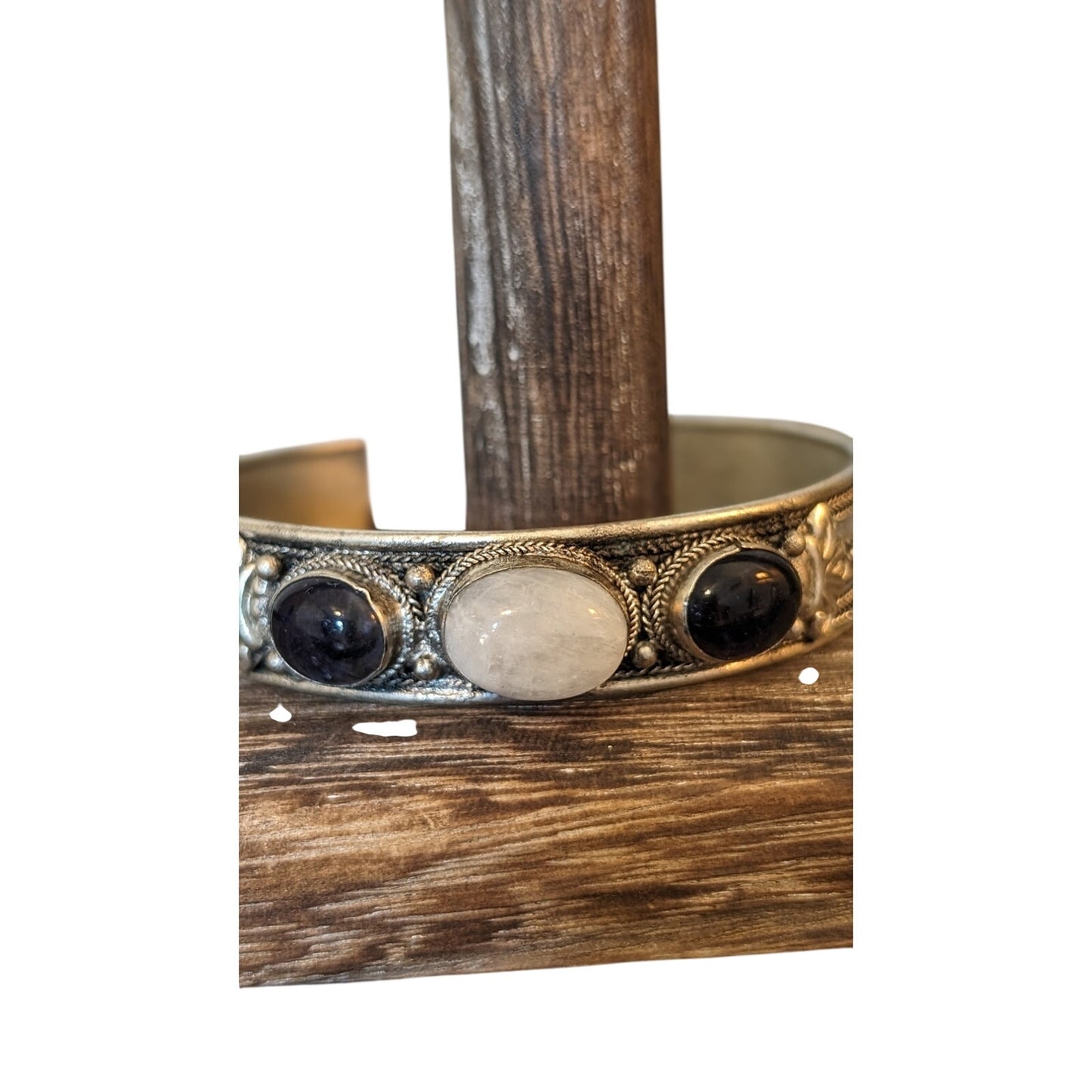 Vintage Bezel Set Glass Three Stone Silver Tone Cuff  Bracelet