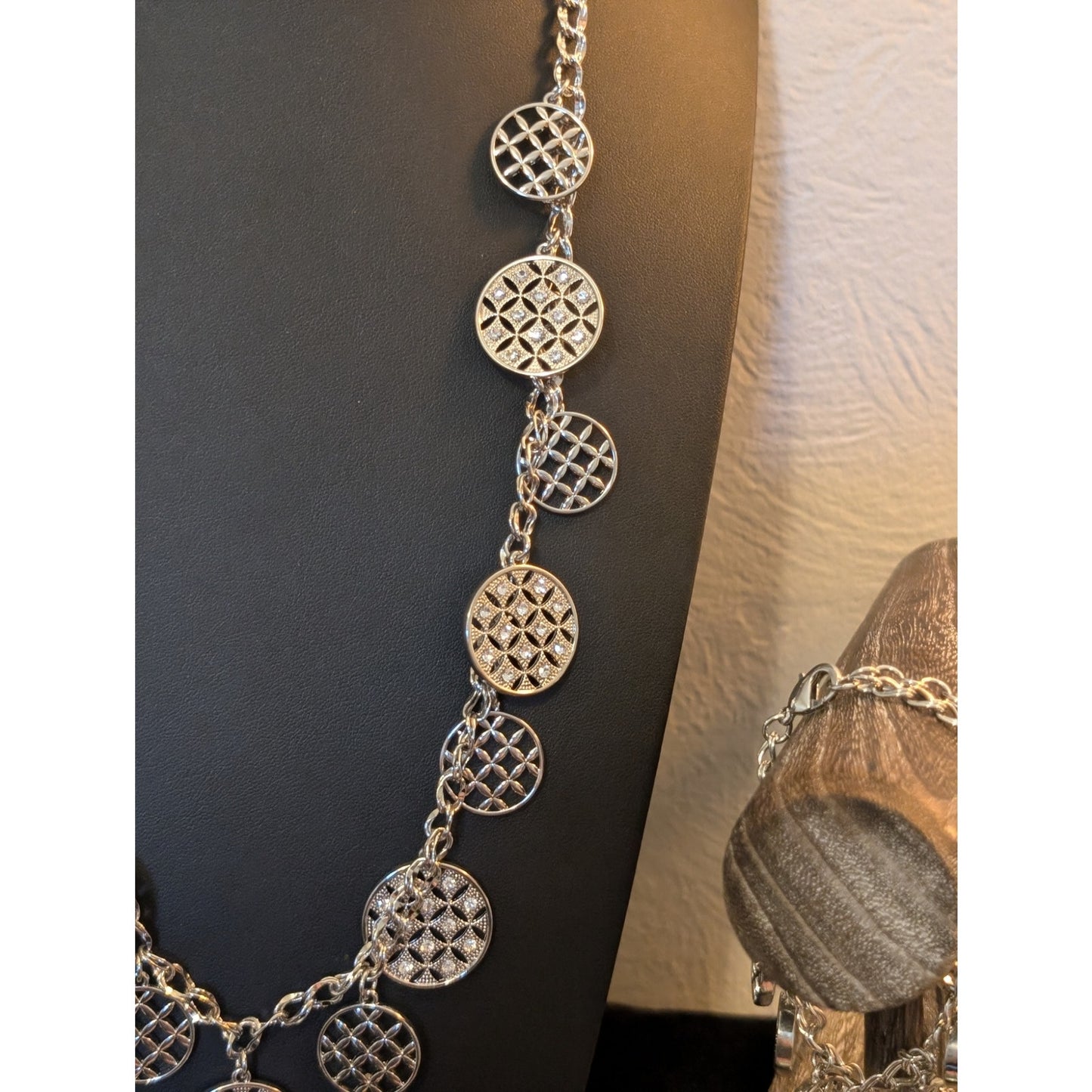 Charter Club Silver Tone Rhinestone Disk Charm Necklace & Matching Bracelet