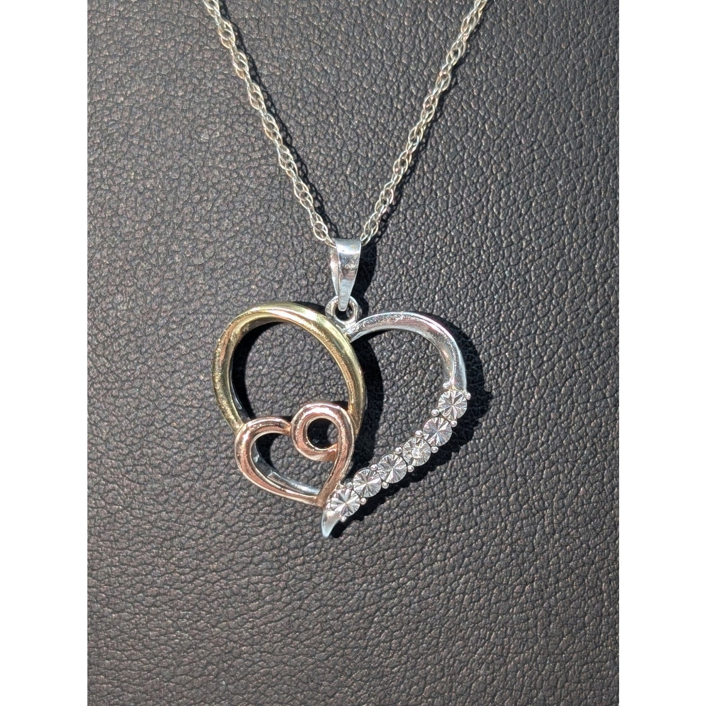 AU 925 Sterling Tri-Color Diamond Heart 'Love' Pendant 19" Chain Necklace