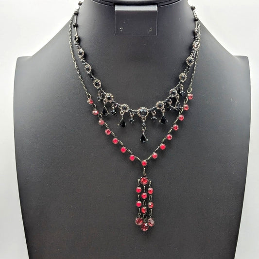 Lot of Two Black Red Crystal Antique Look Necklaces