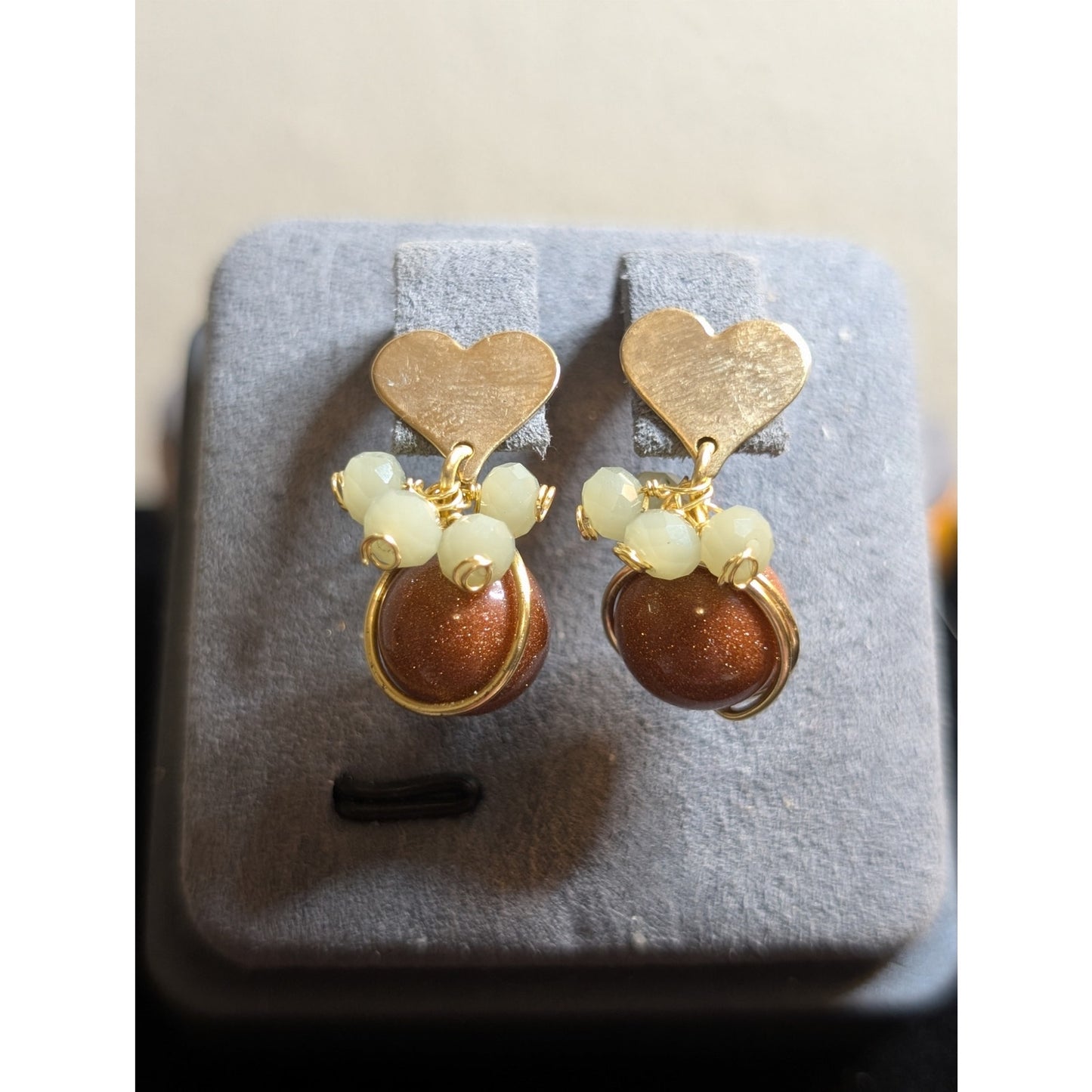 Gold Tone Heart Faux Gold Stone Beaded Post Dangle Earrings