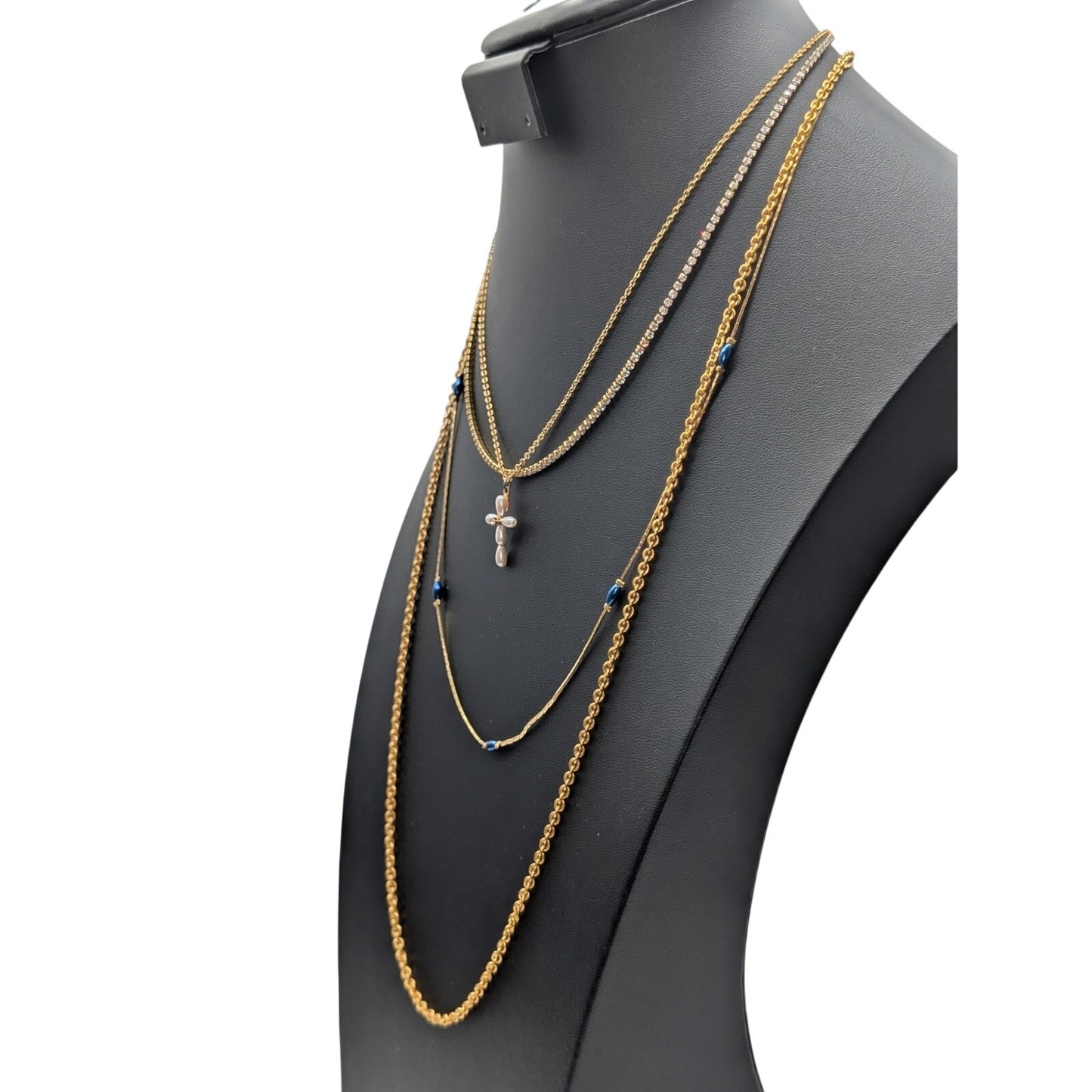 Lot of Four Gold Tone Chain Pendant Station Faux Pearl Rhinestone Necklaces
