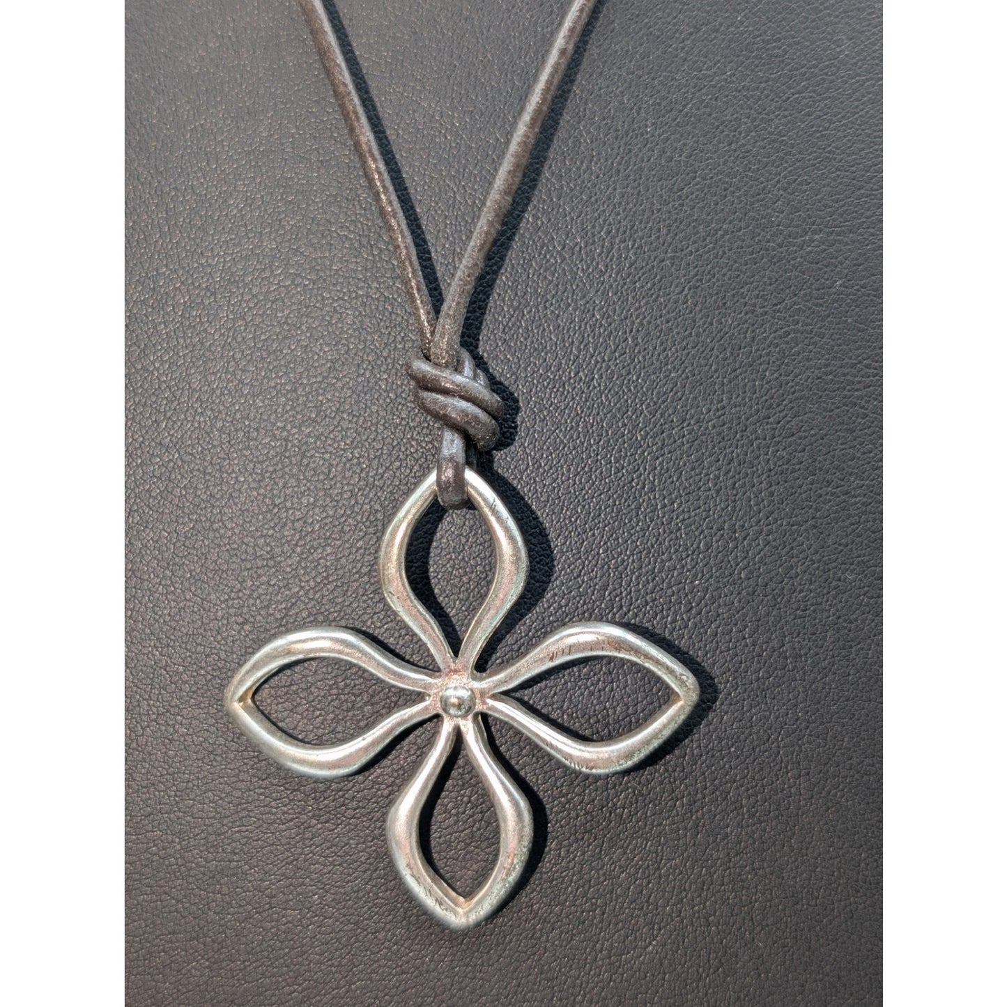 Fossil Silver Plated Flower Pendant Black Corded 18"-20" Necklace