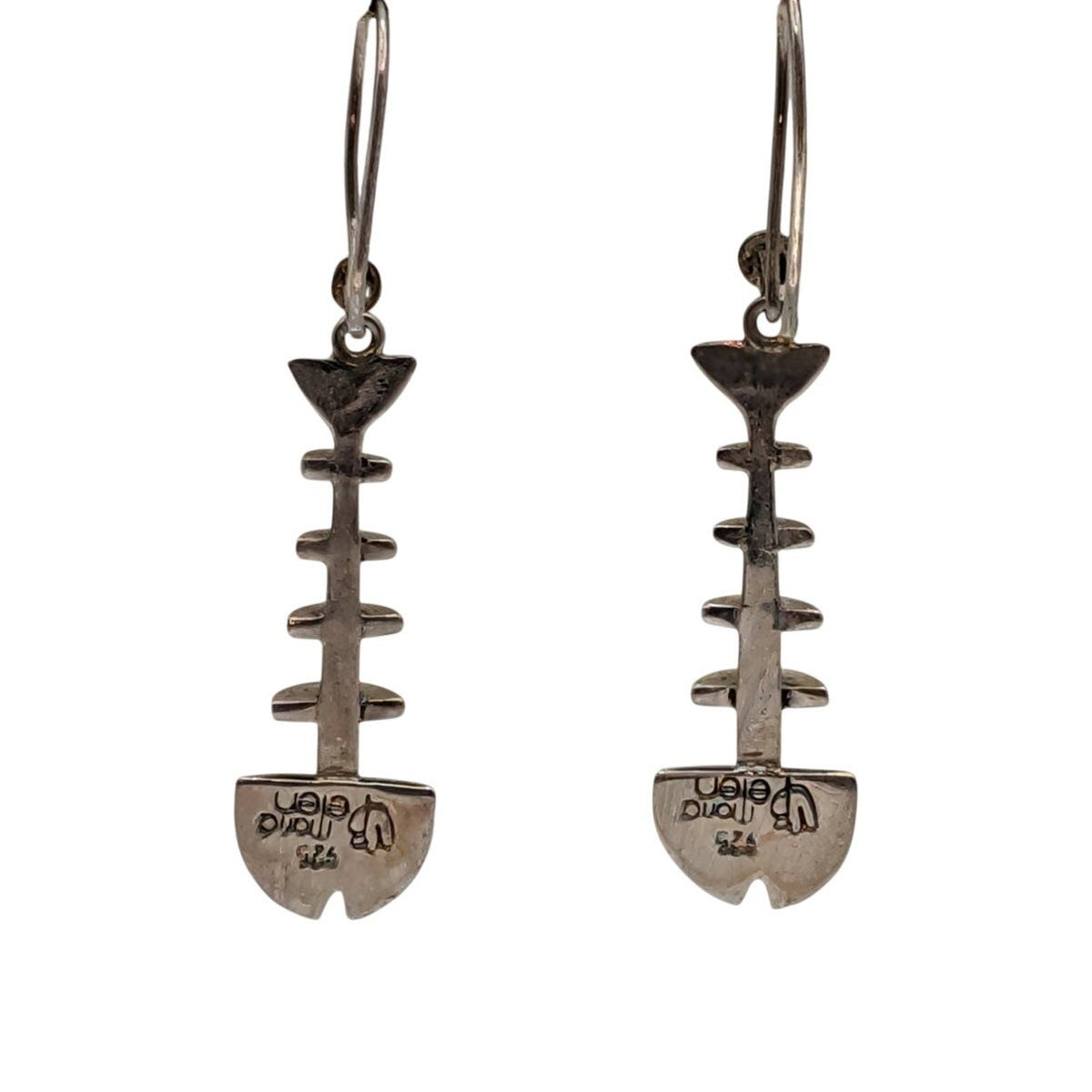Signed by Maria Belen Nilson 925 Sterling Silver Fish Skeleton Dangle Earrings