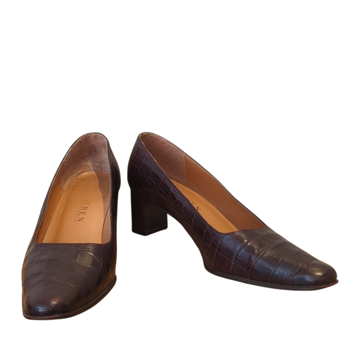 Ralph Lauren Classic Brown Leather Crocodile Embossed Almond Toe Pumps Size 8B