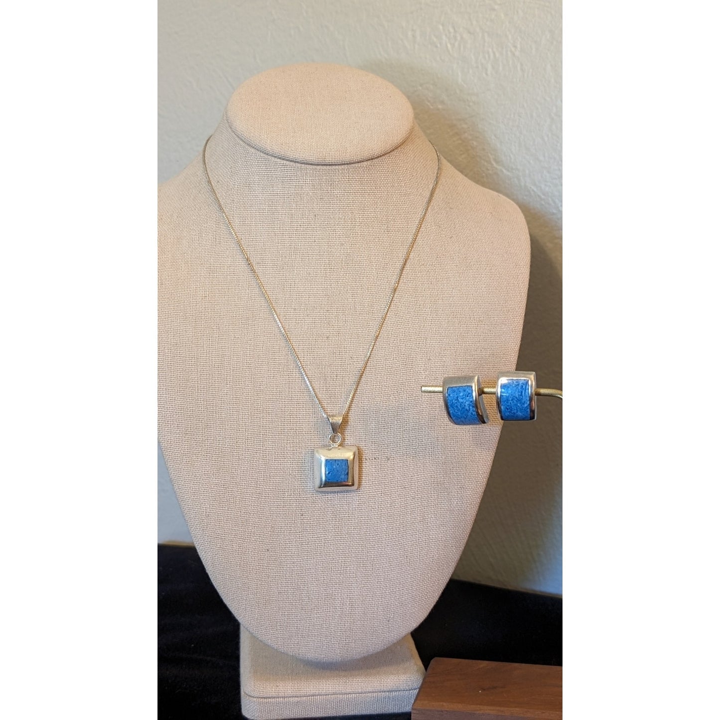 Mexico 925 Sterling Silver Blue Stone Inlay Necklace & Matching Earring Set