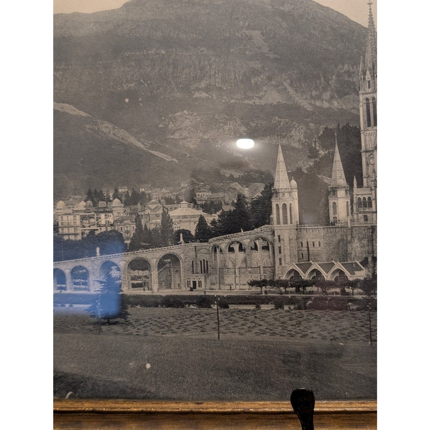 Antique/Vintage East to West Black & White Framed Picture of Lourdes Under Glass