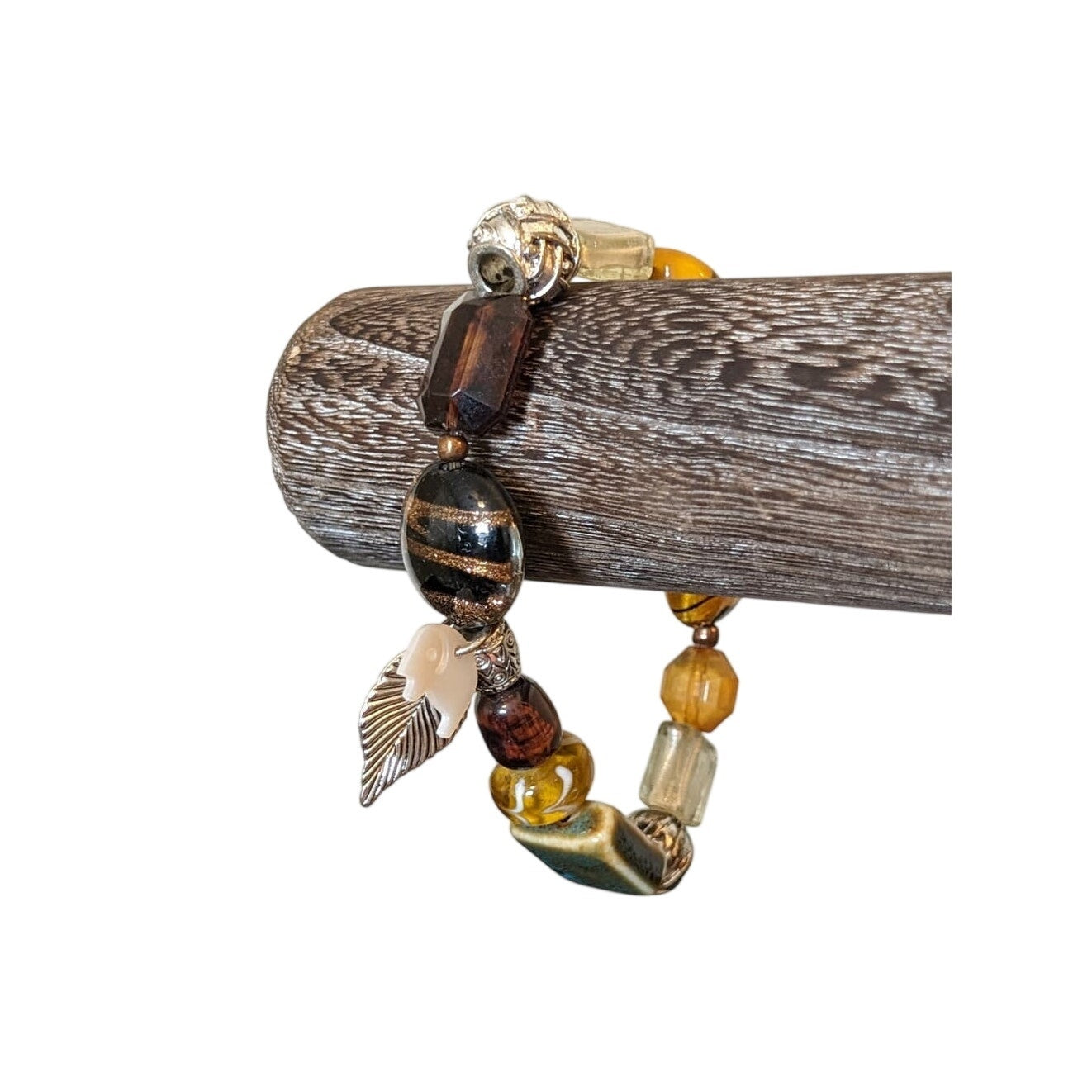 Murano Glass Ceramic Silver Bead Stretch Bracelet W/ MOP Elephant & Leaf Charms