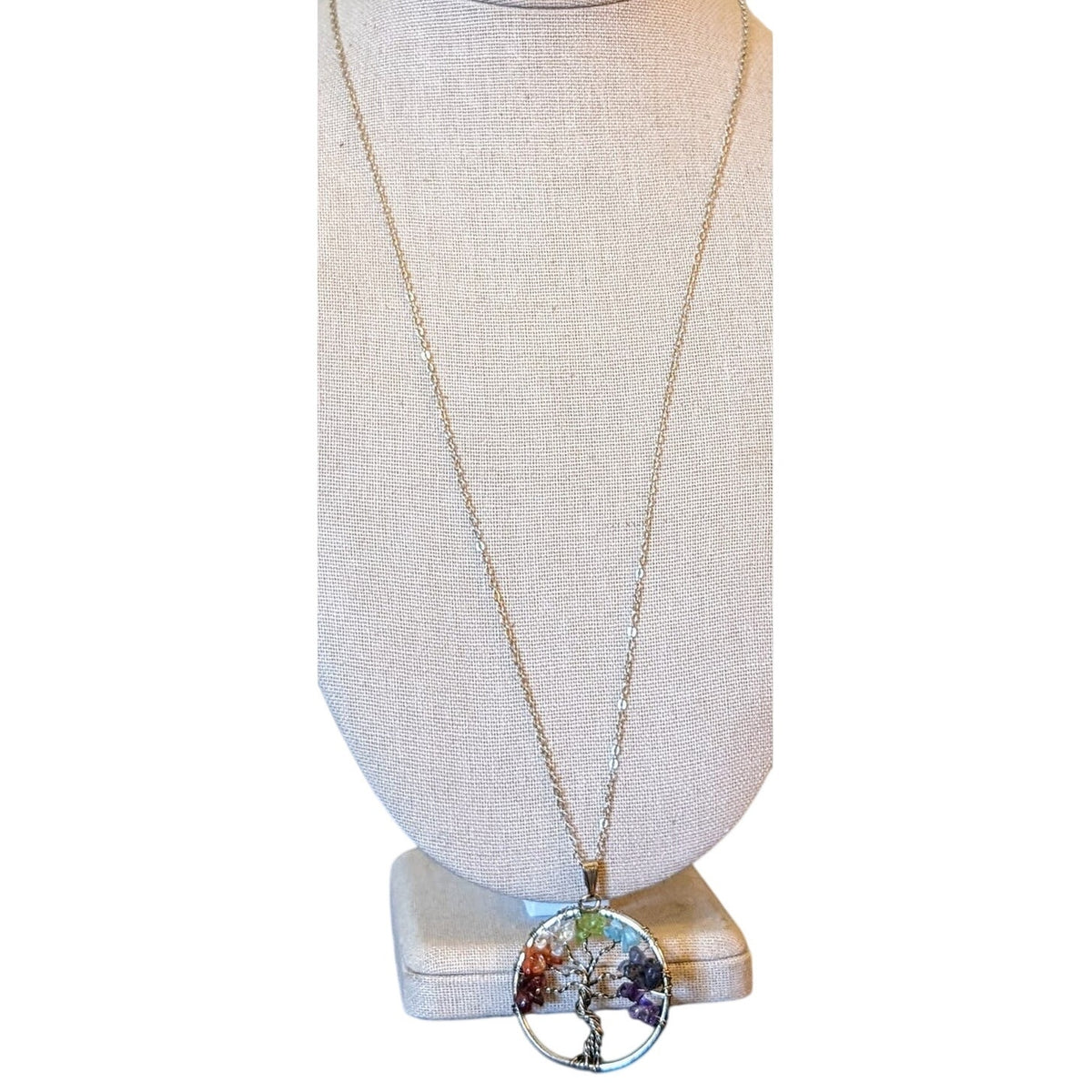Gemstone Tree of Life Pendant Marked 8KGE on Silver Tone Chain Necklace