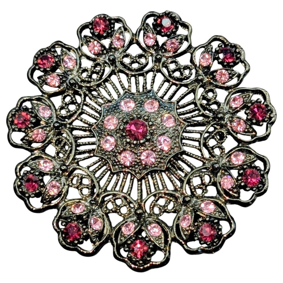 Gun Metal Filigree Pink Maroon Rhinestone Brooch