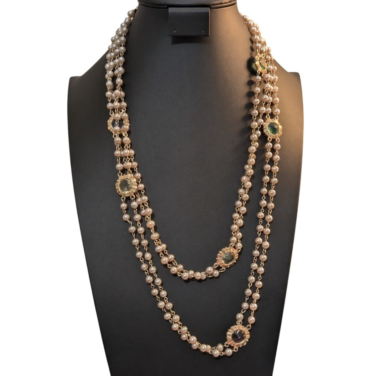 Vtg Multi-Strand Faux Pearl Colored Glass Medallion Designer Look 58" Necklace