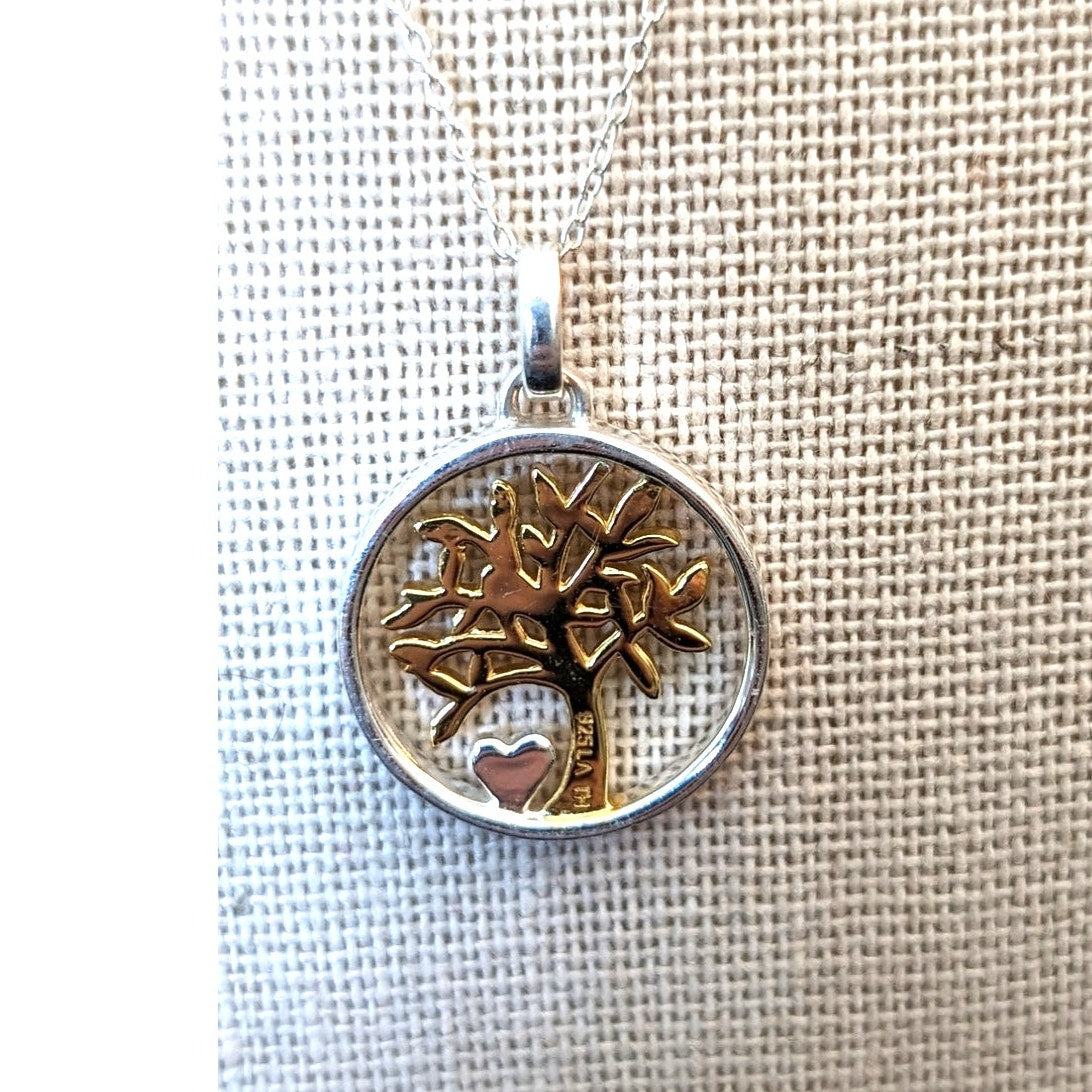925 Sterling Silver Two Tone Tree of Life Heart 'My Family My Love' Necklace