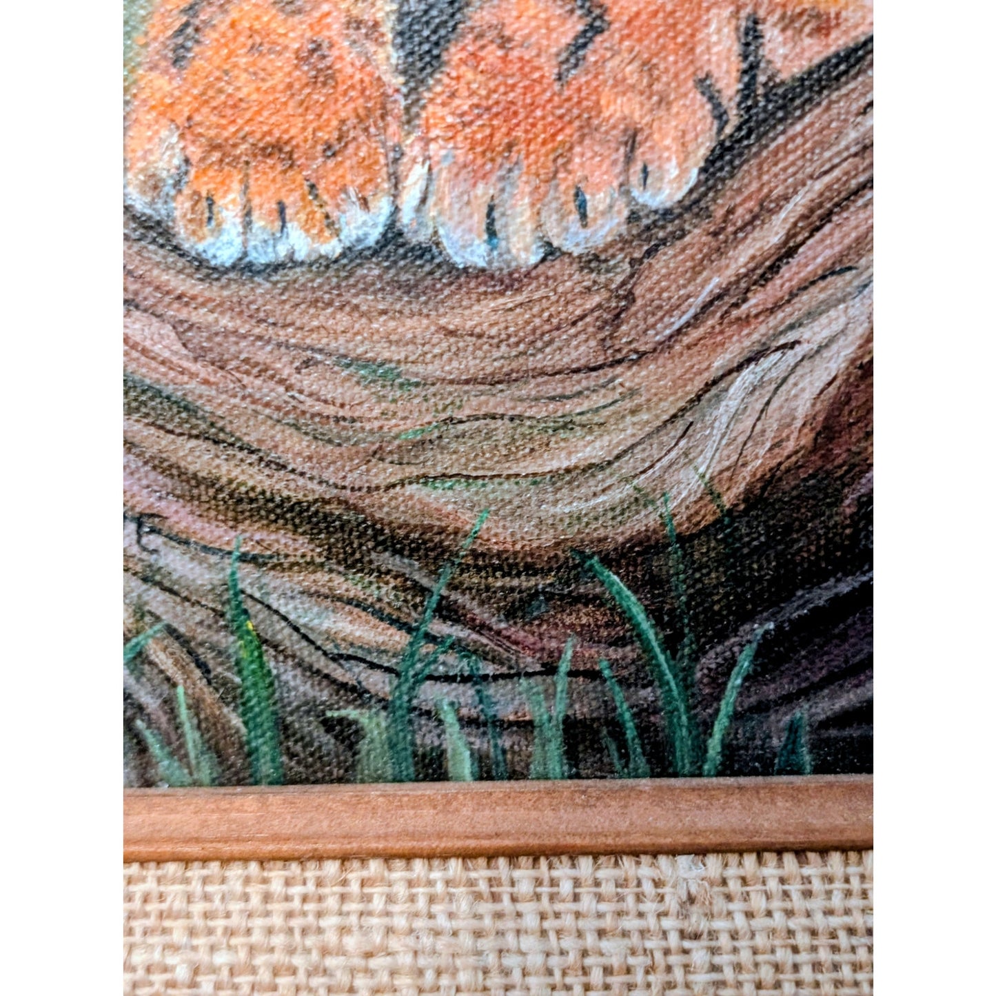 Vintage Original Wood Framed Baby Tiger Oil Painting on Canvas Signed Marianne