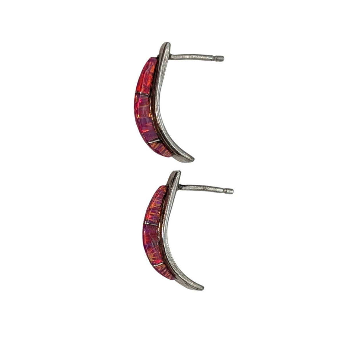 Vintage Sterling Silver Pink Opal Zuni Native American Curved Half Hoop Earrings
