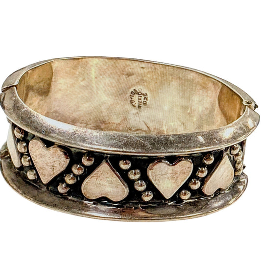 Taxco 925 Sterling Silver Mexico Wide Heart Hinge Bangle Bracelet Size 7.5"57.8g
