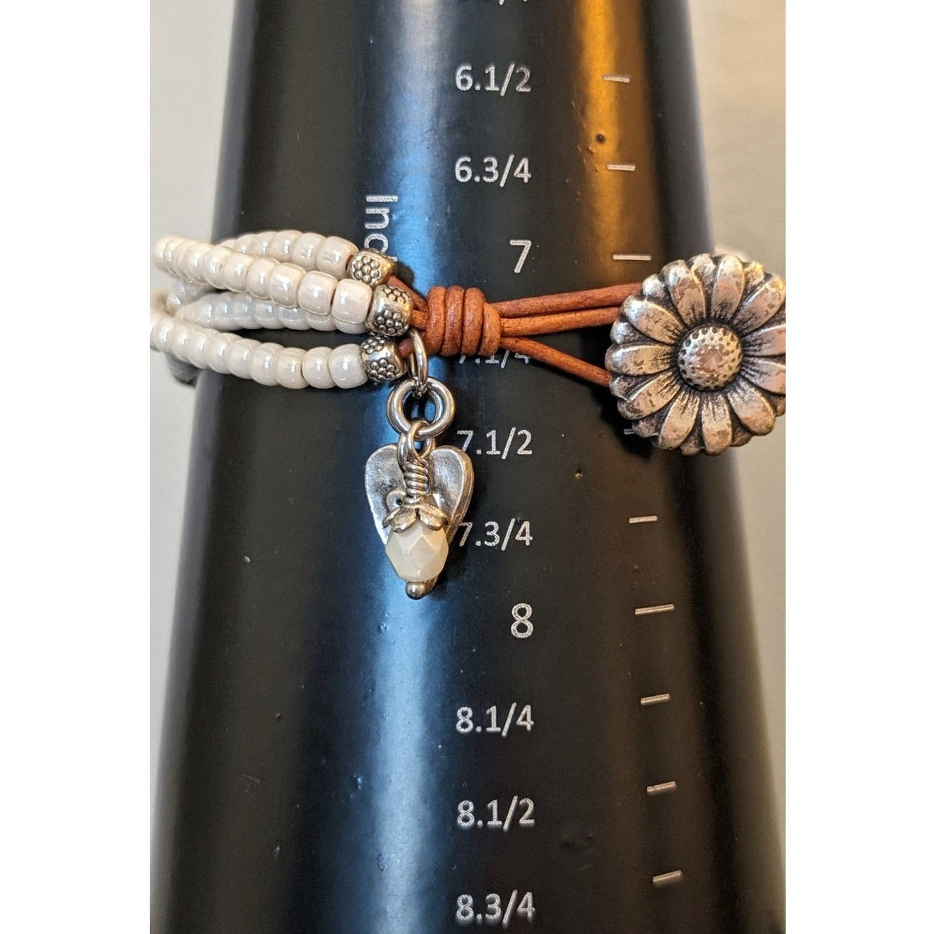 Beaded Leather Sunflower Wrap Dangle Charm Boho Bracelet