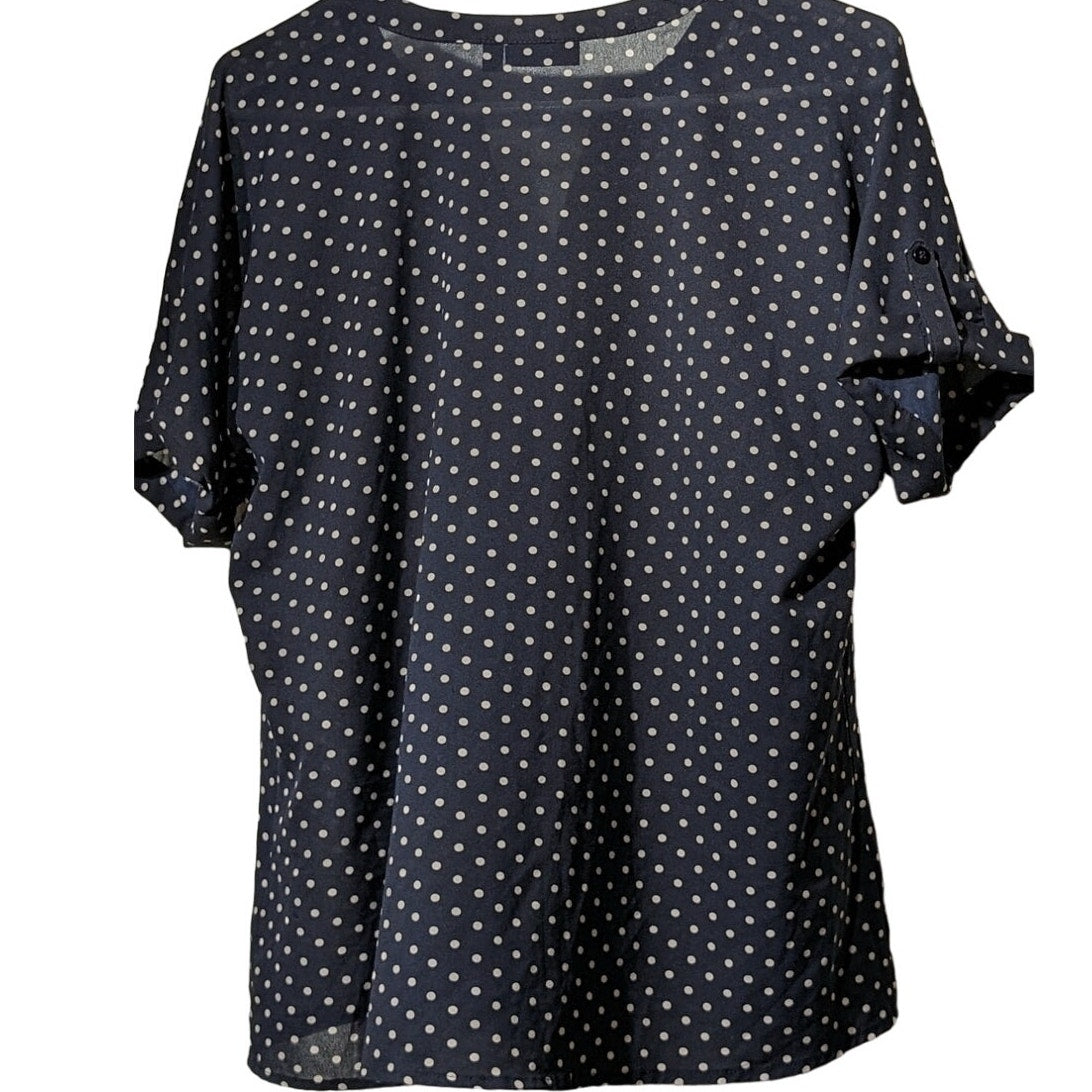 Apt 9 Navy Polka Dot Pleated Button Front V Neck Roll Tab Short Cuff Sleeve Sz L