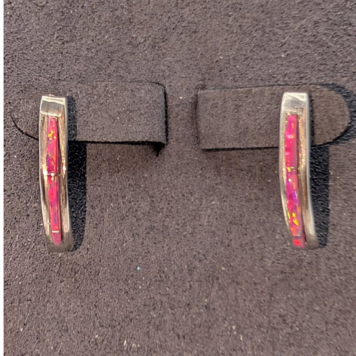 Vintage Sterling Silver Pink Opal Zuni Native American Curved Half Hoop Earrings