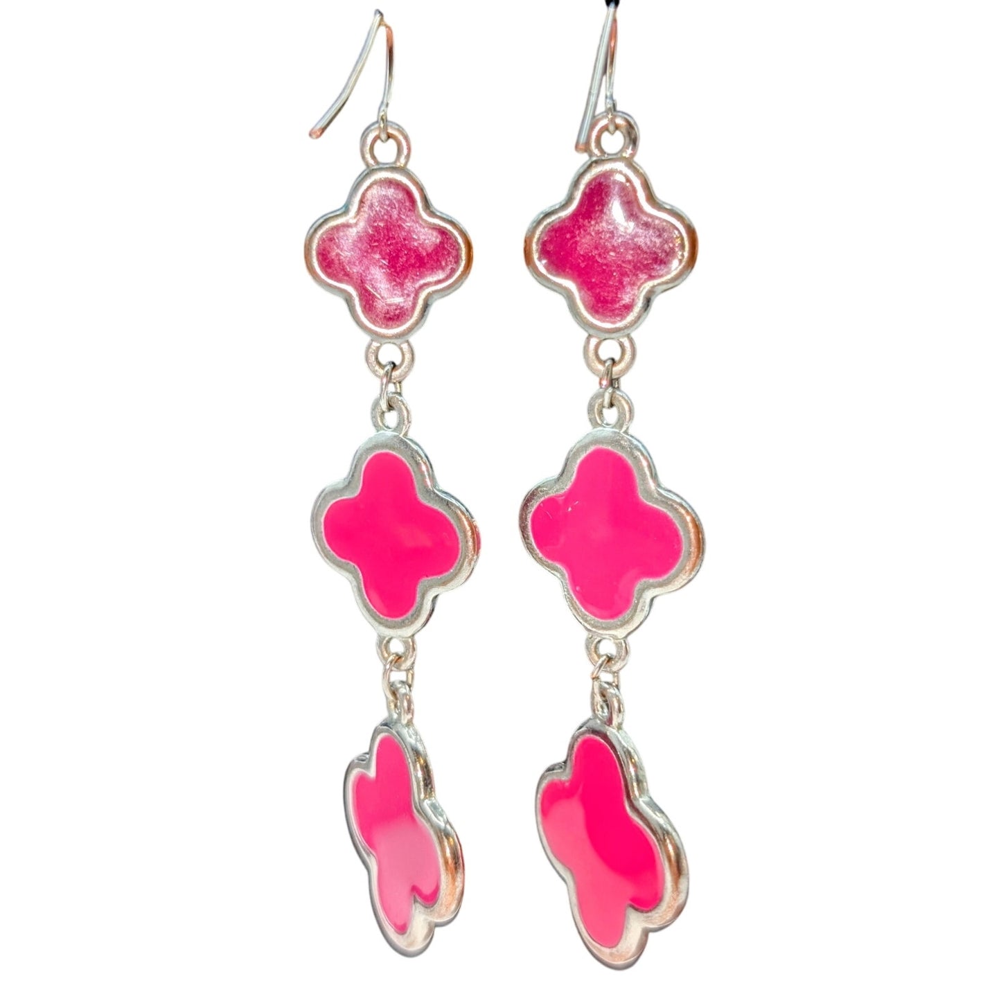 Hot Pink Enamel Three Quatrefoil Silver Tone Dangle Pierced Earrings
