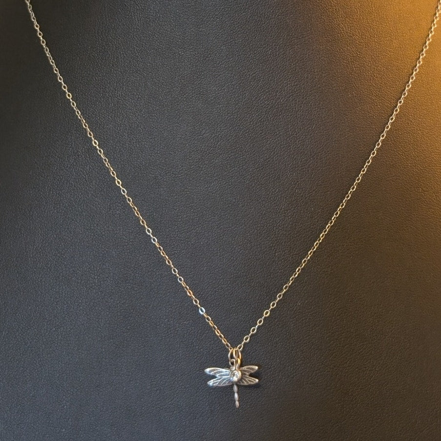 925 Sterling Silver Dragonfly Pendant W/ Rhinestone Dangle on 20" 925 Chain